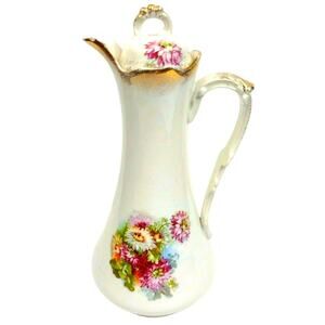 Antique Nippon Chocolate Coffee Pot Hand Painted Pink Flower w Gold Accents